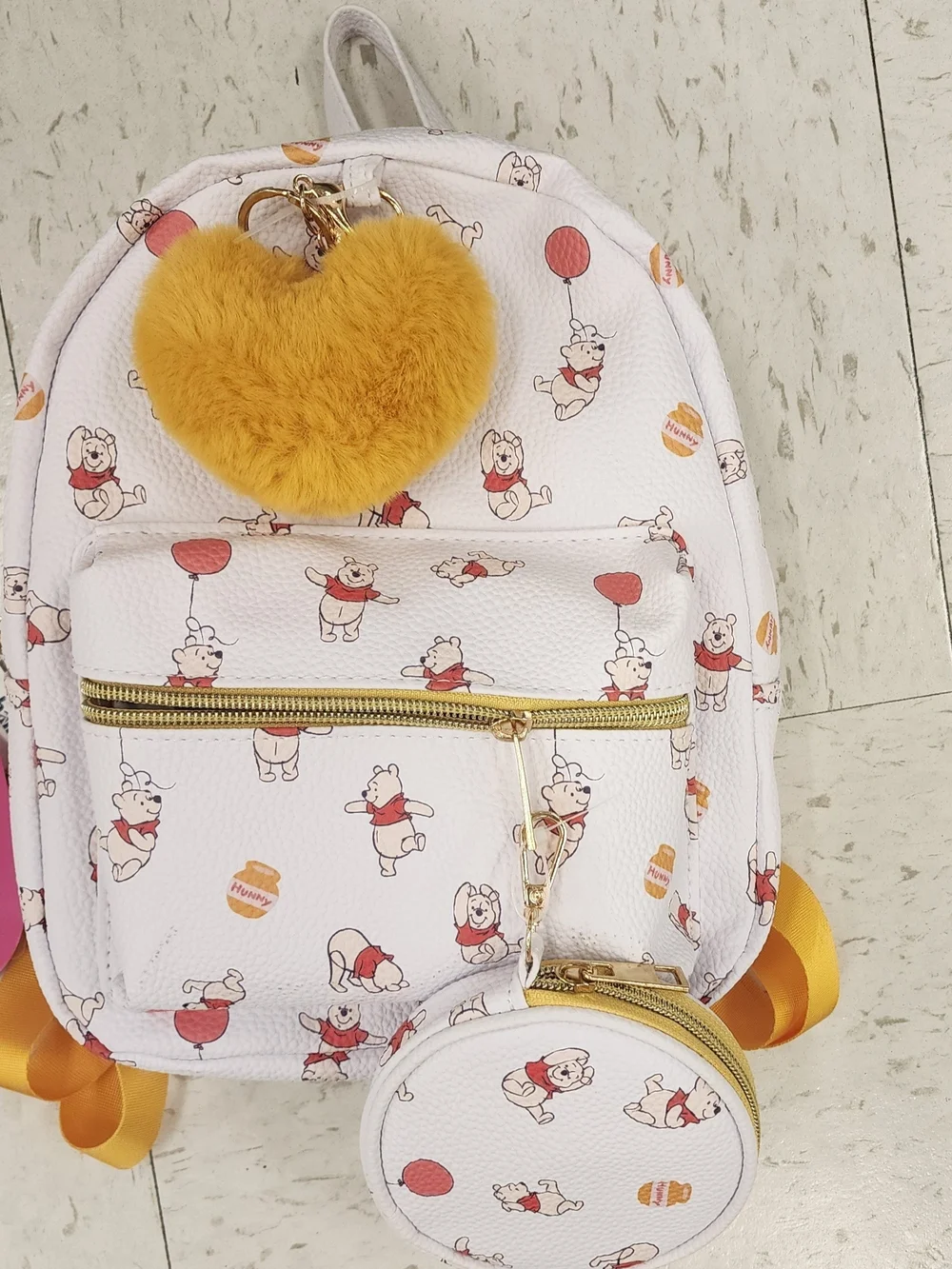 Heart Pom-Pom White Backpack with Yellow Accent